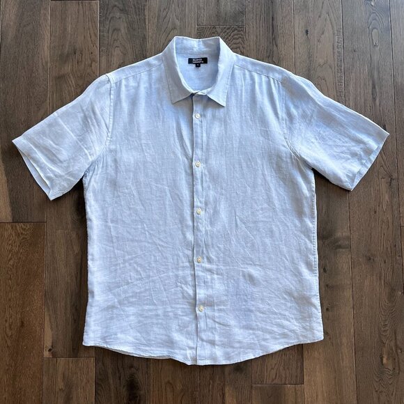 Galeries Lafayette 100% Linen Shirt Size L Light Blue Short Sleeve Summer Button - Picture 1 of 7